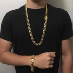 14MM Cuban Set 14K Gold Plated Doesn't Loses Color