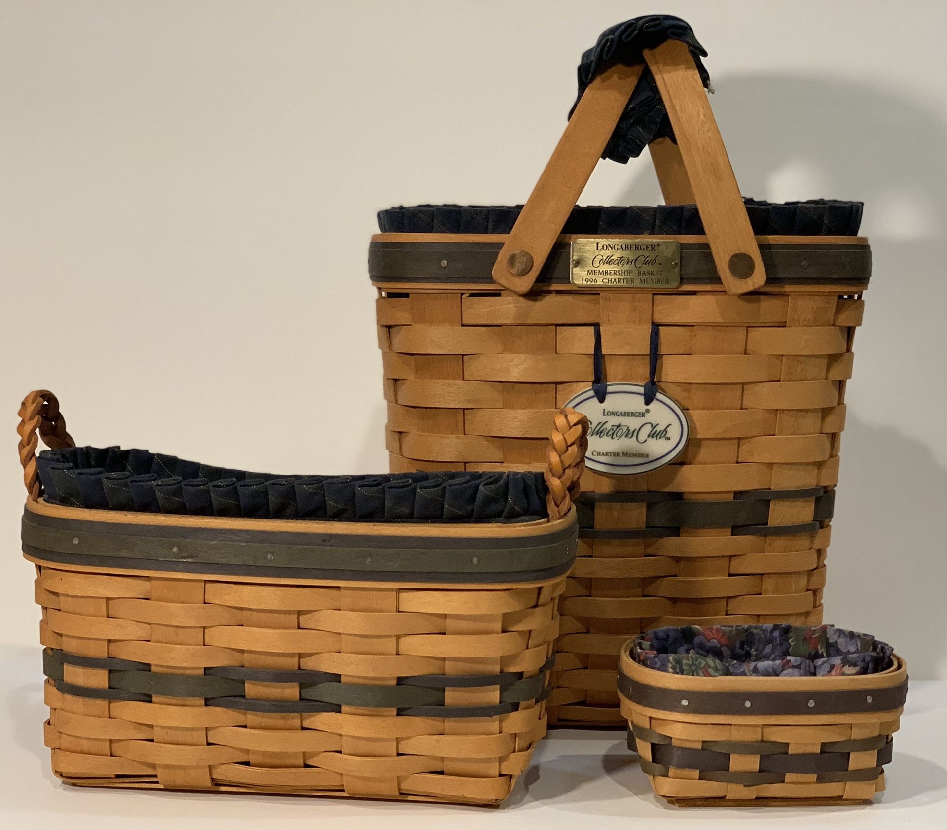 3 Collectable Longaberger Baskets Navy & Willow Plaid Liners