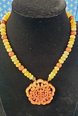 $15. Jade/Coral Double Dragon Pendant Necklace. 16.5 inch choker. Pendant is 2-in diameter.