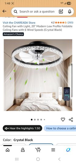 Ceiling Fan with Light, 20" Modern Low Profile Foldable Ceiling Fans with 6 Wind Speeds (Crystal Black