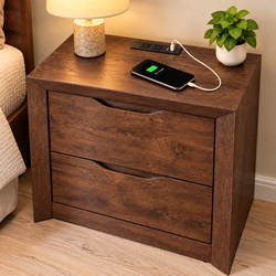 Rustic Brown Nightstand with 2 Drawers & Built-In Charging Station