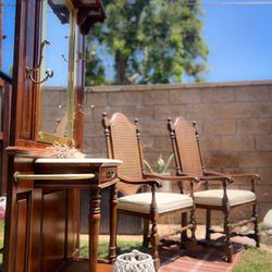 Perfect Condition ANTIQUE VINTAGE Solid Walnut Rustic European Style Cane Back Dining Arm Chairs