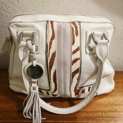Vintage 1990s Sharif New York White Leather and Cow Hair Satchel Bag
