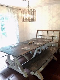 Freshly built Farmhouse style dining room table and benches starting at 425.00