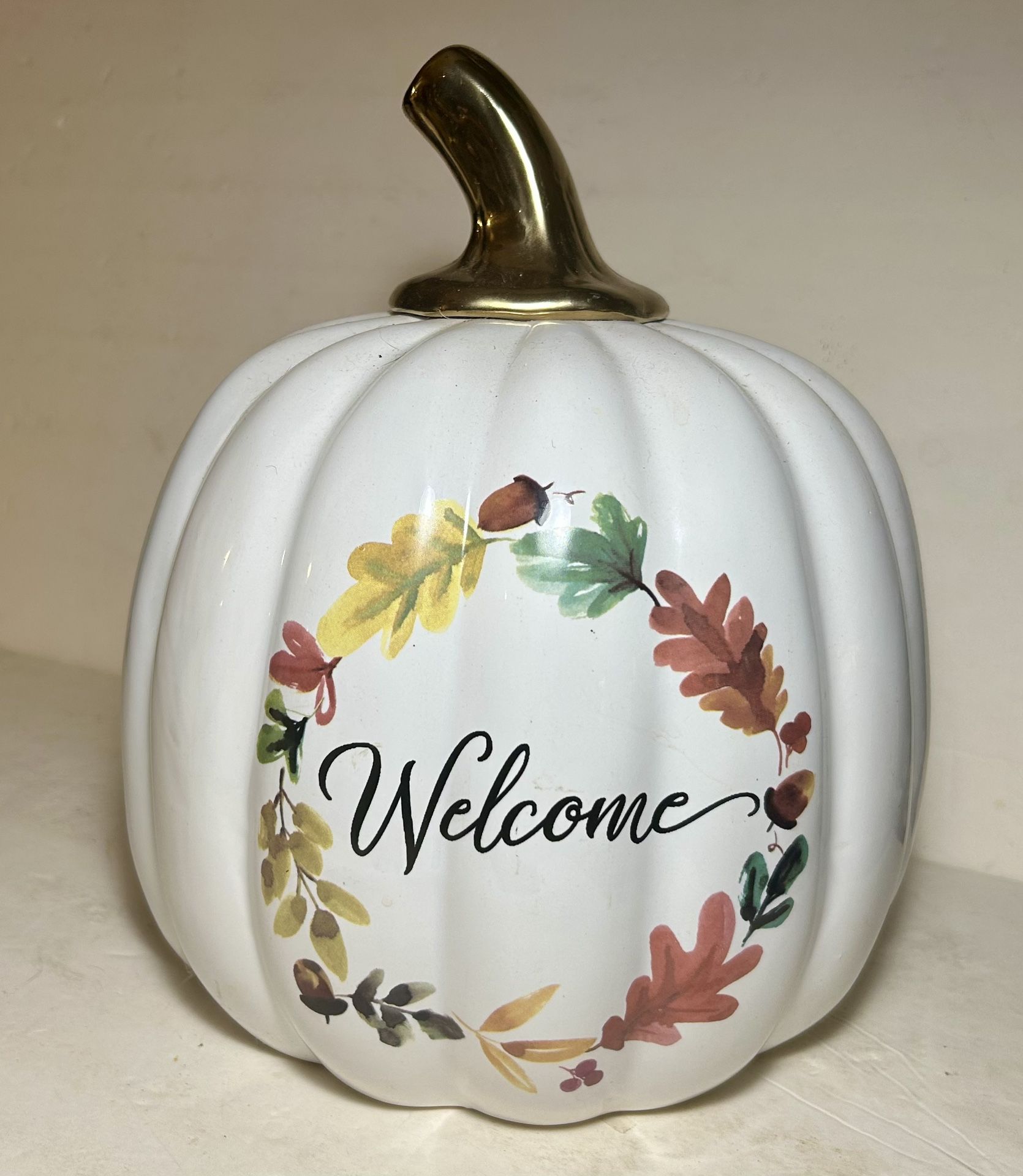 Fall Season Large White Ceramic “Welcome” Pumpkin Fall Flowers & Gold Stem New