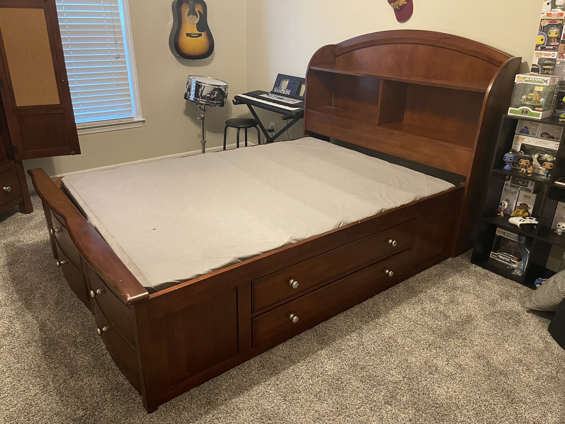 Full Size Youth Captains Bed  with Storage, Bookcase headboard, and Armoire 