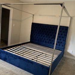Velvet  & Chrome  Platform Canopy Bed 