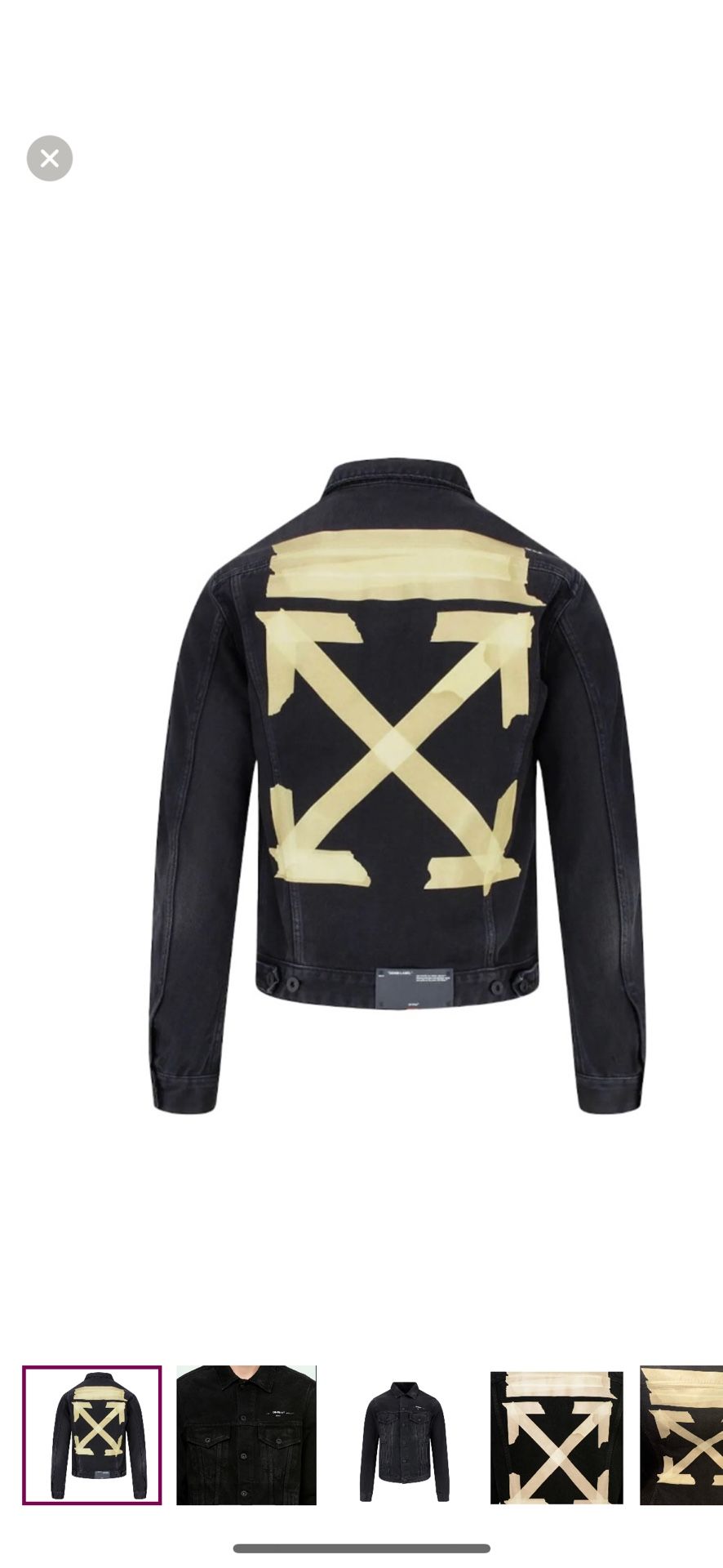 authentic new without tags Off White Black denim jacket with beige tape arrows design on the back