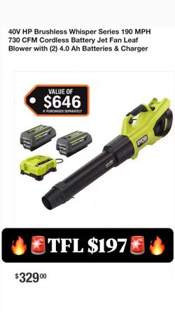 40V HP Brushless Whisper Series 190 MPH 730 CFM Cordless Battery Jet Fan Leaf Blower with (2) 4.0 Ah Batteries & Charger