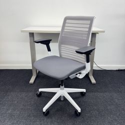 LIKE NEW STEELCASE THINK V2, WHITE FRAME, GRAY FABRIC, FULLY LOADED WITH LUMBAR SUPPORT! 