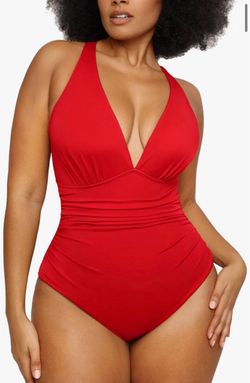 Shapellx Red One-Piece Swimsuit Deep V-Neck
