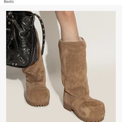 Tan Platform Fuzzy Suede-effect Boots