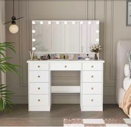 White Modern Makeup Vanity Des k 9 Drawers Wood Dressing Tab le With 3 Mirrors, Hidden Storage Shel ves, LED Bulb Lights