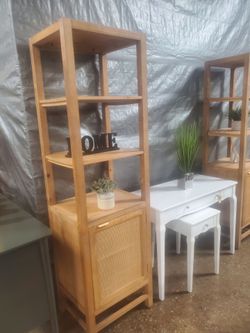 76 in. Tall Natural Rattan 3-Shelf Etagere Bookcase with Interior Storage