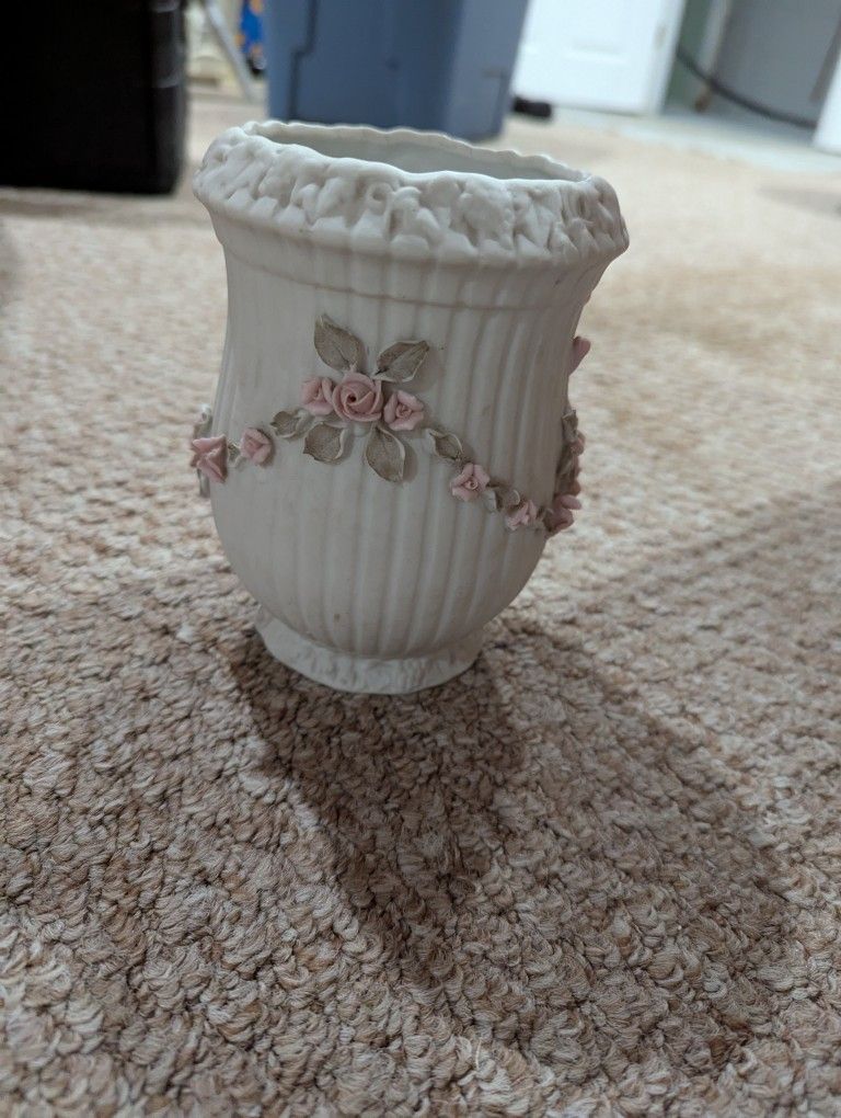 White Ceramic Vase With Pink Flowers