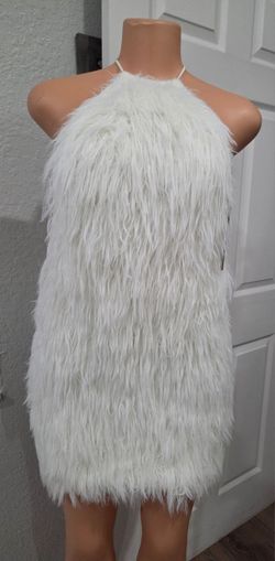 White Faux Fur Halter Mini Dress