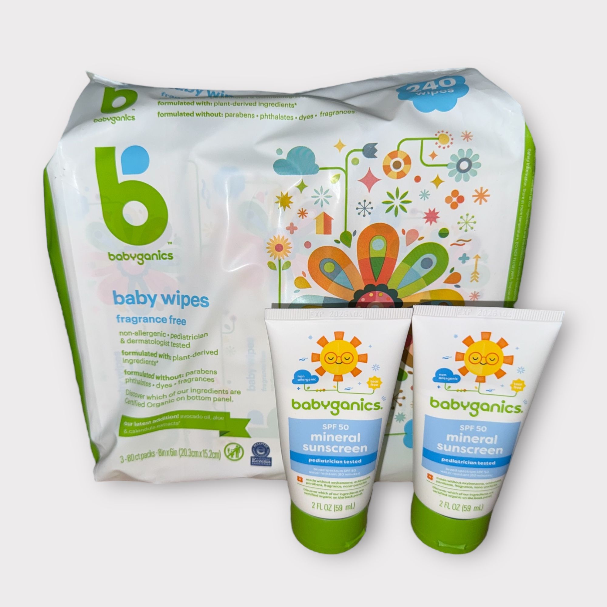 Babyganics Bundle Wipes 3 Pack 80 Ct Plus 2 Sunscreens New