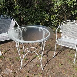 Vintage Russel Woodard - Wrought Iron Chairs With Glass Top Table