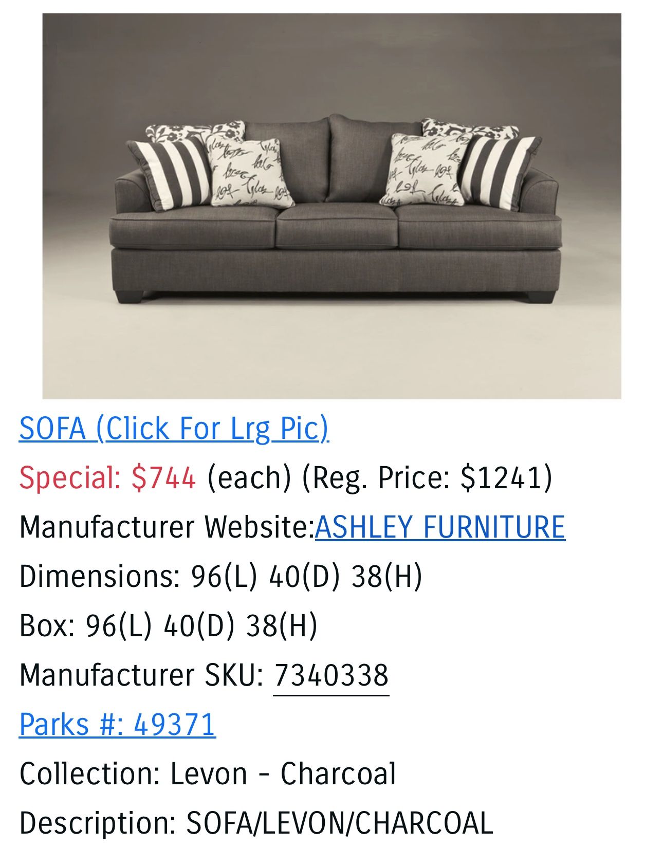 Ashley Furniture Levon Charcoal Sofa - PICKUP BY SUNDAY 4/14