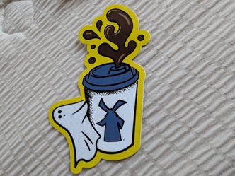 Ghost on a coffee cup: Dutch Bros Sticker Swag