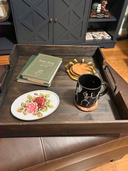 Rustic Dark Wood Serving Tray with Handles