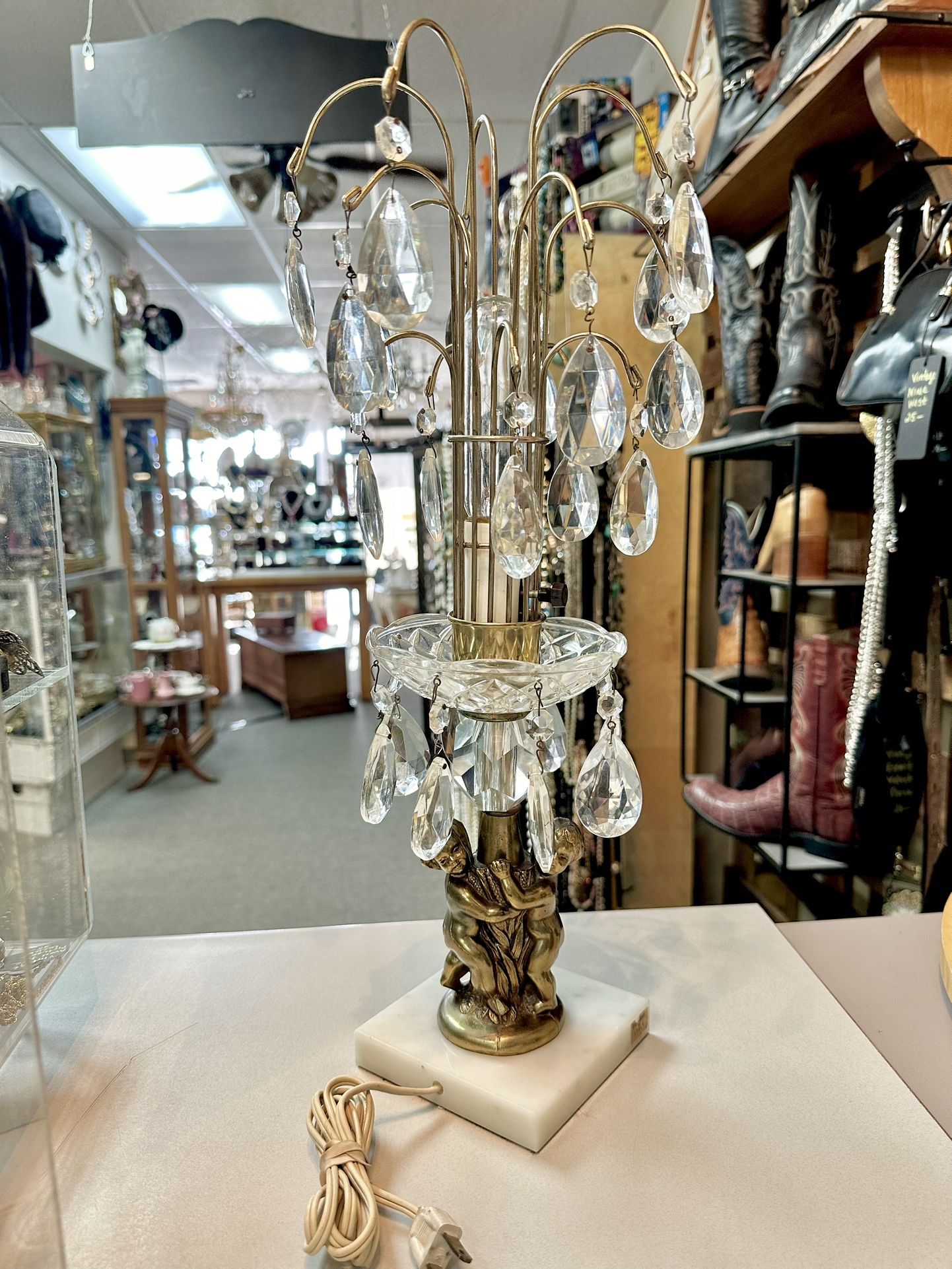 Vintage Hollywood  Regency Cherub Waterfall Crystal Bowl Prisms Table Lamp