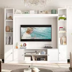 Large TV Stand with Bookshelves for TVs up to 60", Wall Entertainment Center with Doors white $170 