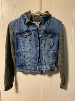 Wallflower Denim Jacket with Camo Sleeves and Hood