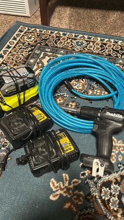 Makita Drill, DeWalt Chargers, Ryobi Battery, Air Hose Bundle
