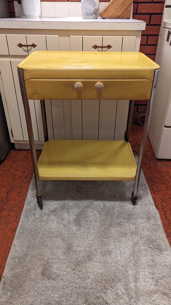 Vintage MCM Yellow Rolling Kitchen Cart