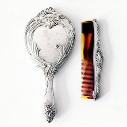 Vintage Silver handheld mirror and comb