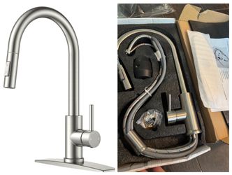 Kitchen Sink Faucet with Pull Down Sprayer – Brushed Nickel (Open Box/New)  Upgrade your kitchen with this modern high-arc faucet featuring a smooth p