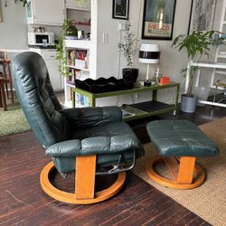 Evergreen Leather & Oak Recliner with Ottoman