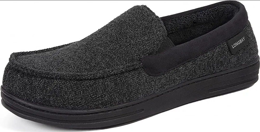 LongBay Men's Cozy Moccasin Slippers Slip On Indoor Outdoor Loafer Black Size 8
