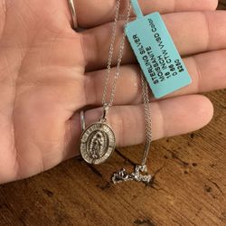 Genuine Solid ..925 Sterling  & Moissanite Virgin Mary Religious Necklace 