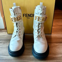 Authentic Fendi Beige Leather Boots With Gold Logo Strap