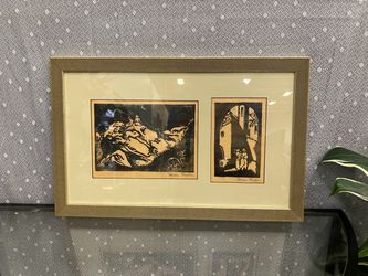 Lino Cut Signed Art Set with Decorative Brass Studded Frame