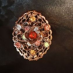 Vintage MULTICOLOR RHINESTONE BROOCH Coppertone Filigree Setting 