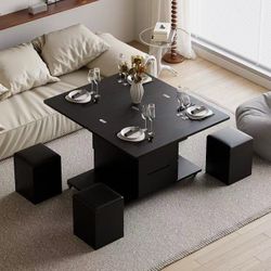 ❤️‍🔥 39" Lift-Top Foldable Black Coffee Table With 4 Stools & Storage$180
