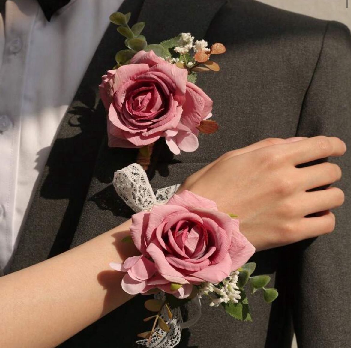 2pcs/Set Rose Flower With Gypsophila Romantic Floral Brooch Pin And Wrist Corsage, Suitable For Wedding Decoration, Formal Gala, Anniversary Valentine