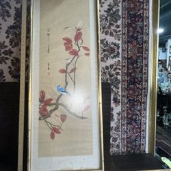 Vintage Asian Framed Bird Panel Under Glass 