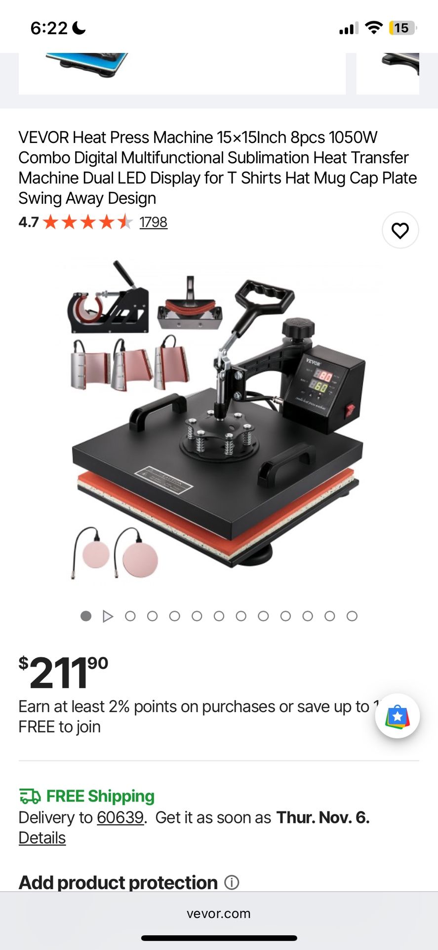 VEVOR Heat Press Machine 15x15Inch 8pcs 1050W Combo Digital Multifunctional Sublimation Heat Transfer Machine Dual LED Display for T Shirts Hat Mug Ca