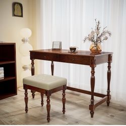 Solid Wood Desk with Stool & Mirror