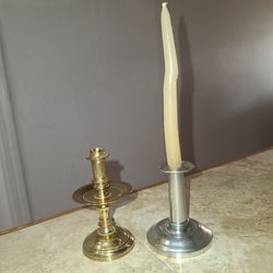 Two Vintage Short Candle Holders +1 Glass 10" Tall