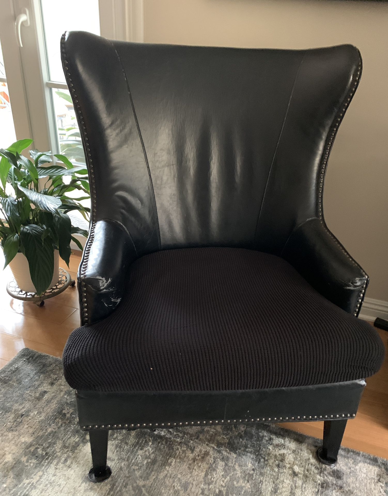 Black Faux Leather Wing Chair