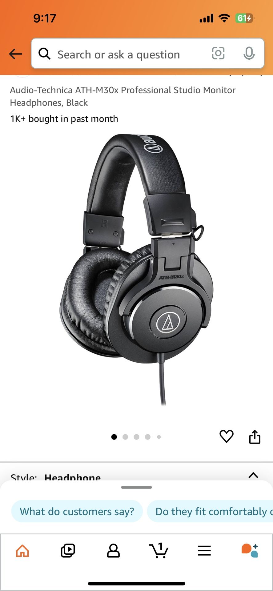 Audio-Technica ATH-M30x Professional Studio Monitor Headphones, Black