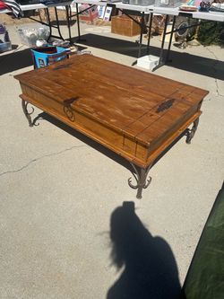 Spanish/Southwestern Style Rustic Wood Coffee Table with Wrought Iron Scroll Legs