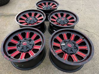 FREE DELIVERY 5x FIVE 18x9 Fuel D621 GLOSS BLACK RED Wheels 5x127 Fits Jeep Wrangler Gladiator 5X5