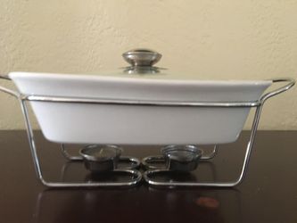 WHITE CERAMIC FOOD WARMER - 2 Quart Baker - Covered Casserole - on Metal Stand with Warming Candles