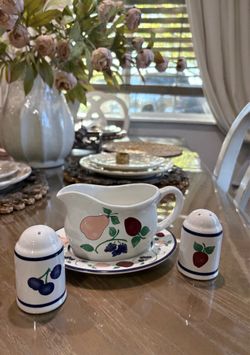 Princess House Exclusive "ORCHARD MEDLEY" Gravy Boat And Underplate Salt and Pepper Shakers